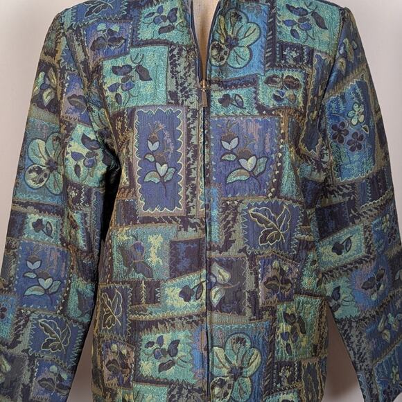 Vintage 90s Coldwater Creek Floral Tapestry Jacket Blue Green Zip Up - Picture 12 of 16